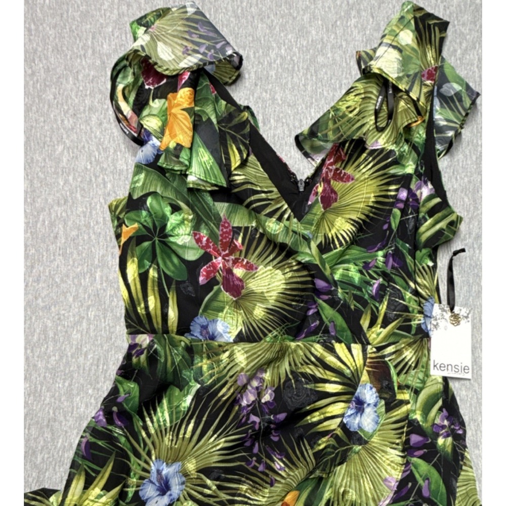 Kensie NWT Women's Size 6 Tropical Floral Midi Dress Ruffle V-Neck Green Black